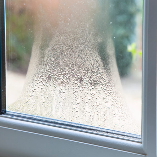 Close up of blown double glazed unit. Failed window glazing with condensation inside, UK